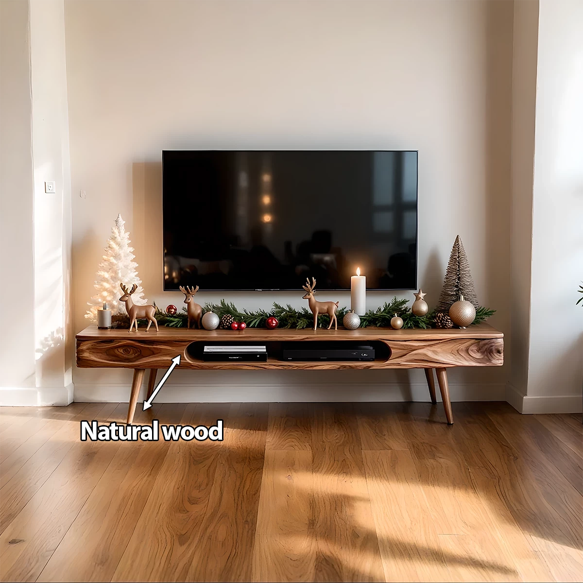 Mid-Century Solid Wood TV Stand with Rounded Corners & Storage Slot - Rustira