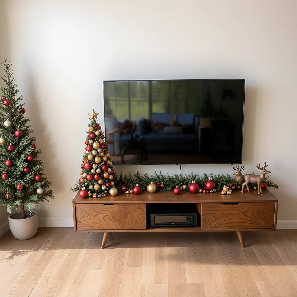 Mid-Century Solid Wood TV Stand with Tapered Legs & Storage Drawers - Rustira