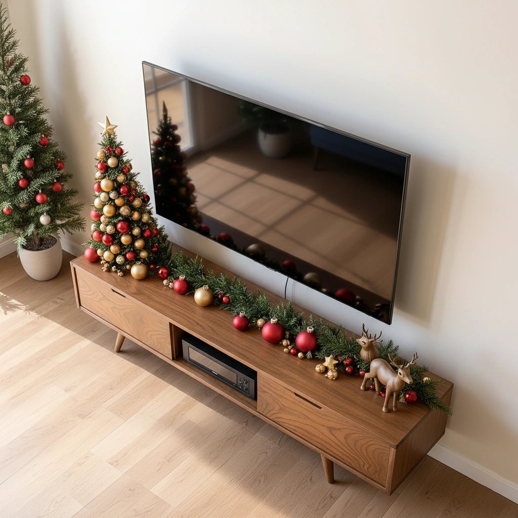 Mid-Century Solid Wood TV Stand with Tapered Legs & Storage Drawers - Rustira