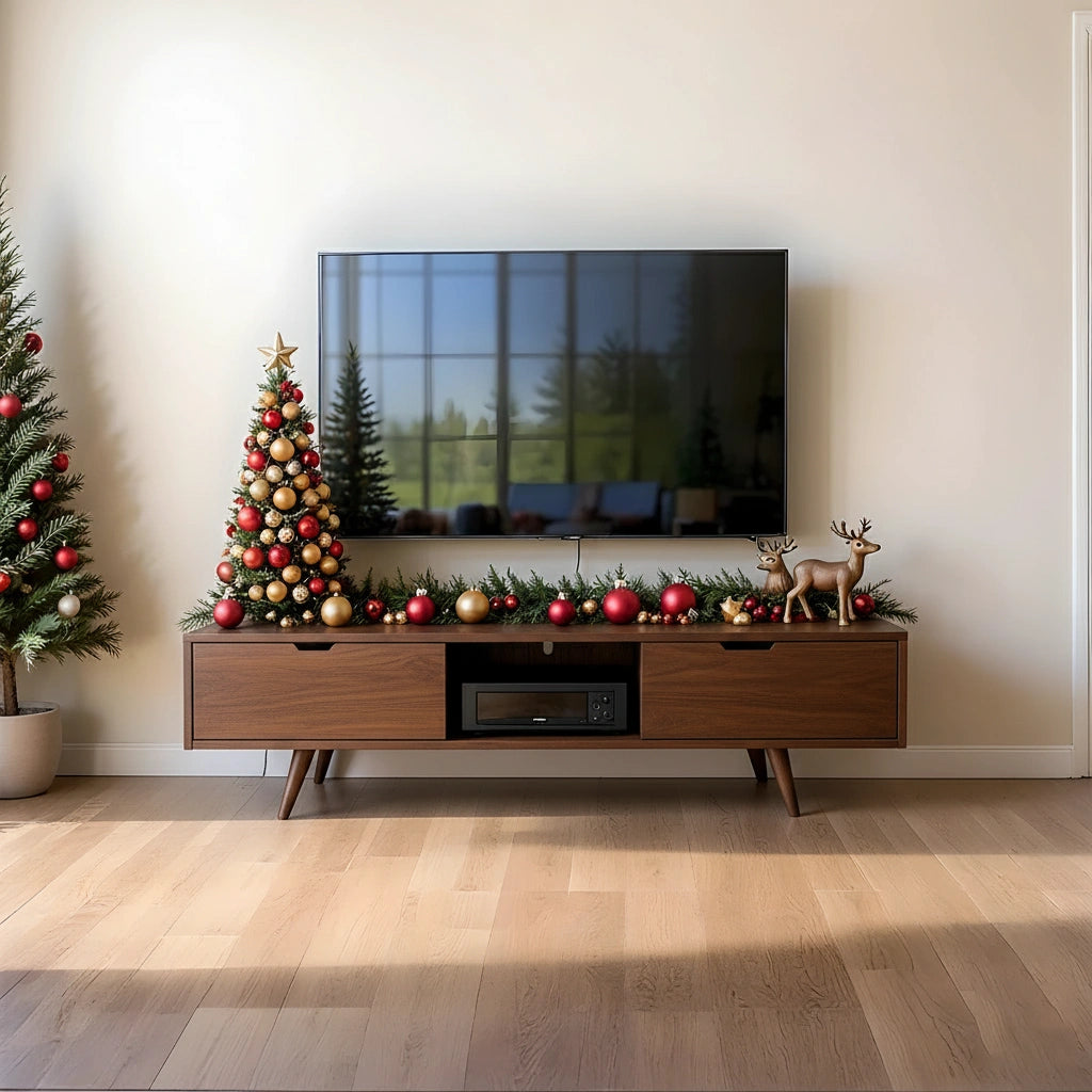 Mid-Century Solid Wood TV Stand with Tapered Legs & Storage Drawers - Rustira