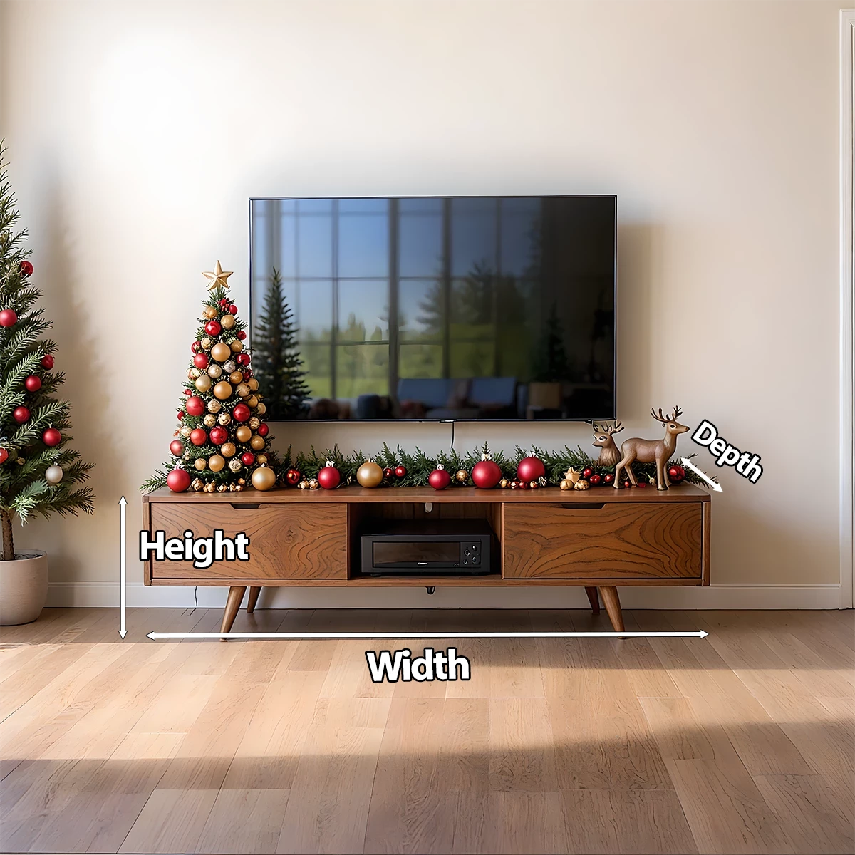 Mid-Century Solid Wood TV Stand with Tapered Legs & Storage Drawers - Rustira