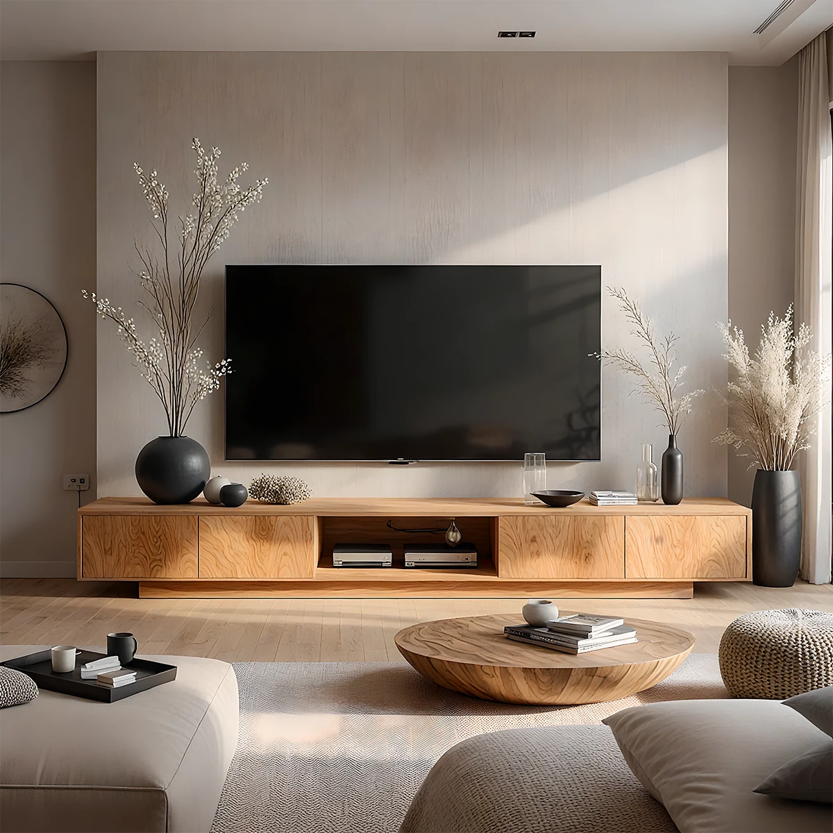 Minimalist Solid Wood Japandi TV Stand with Soft Grain & Open Shelf - Rustira