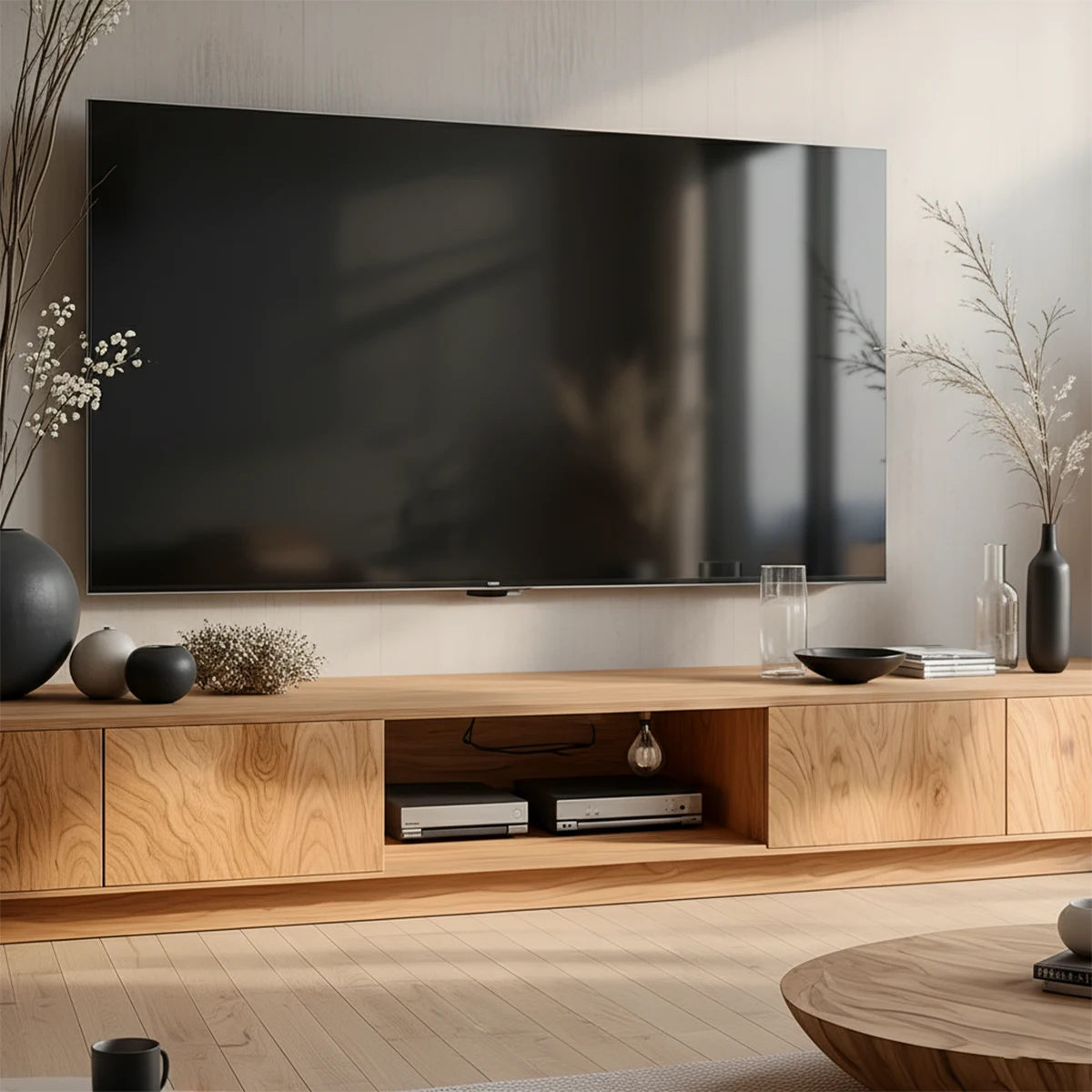 Minimalist Solid Wood Japandi TV Stand with Soft Grain & Open Shelf - Rustira