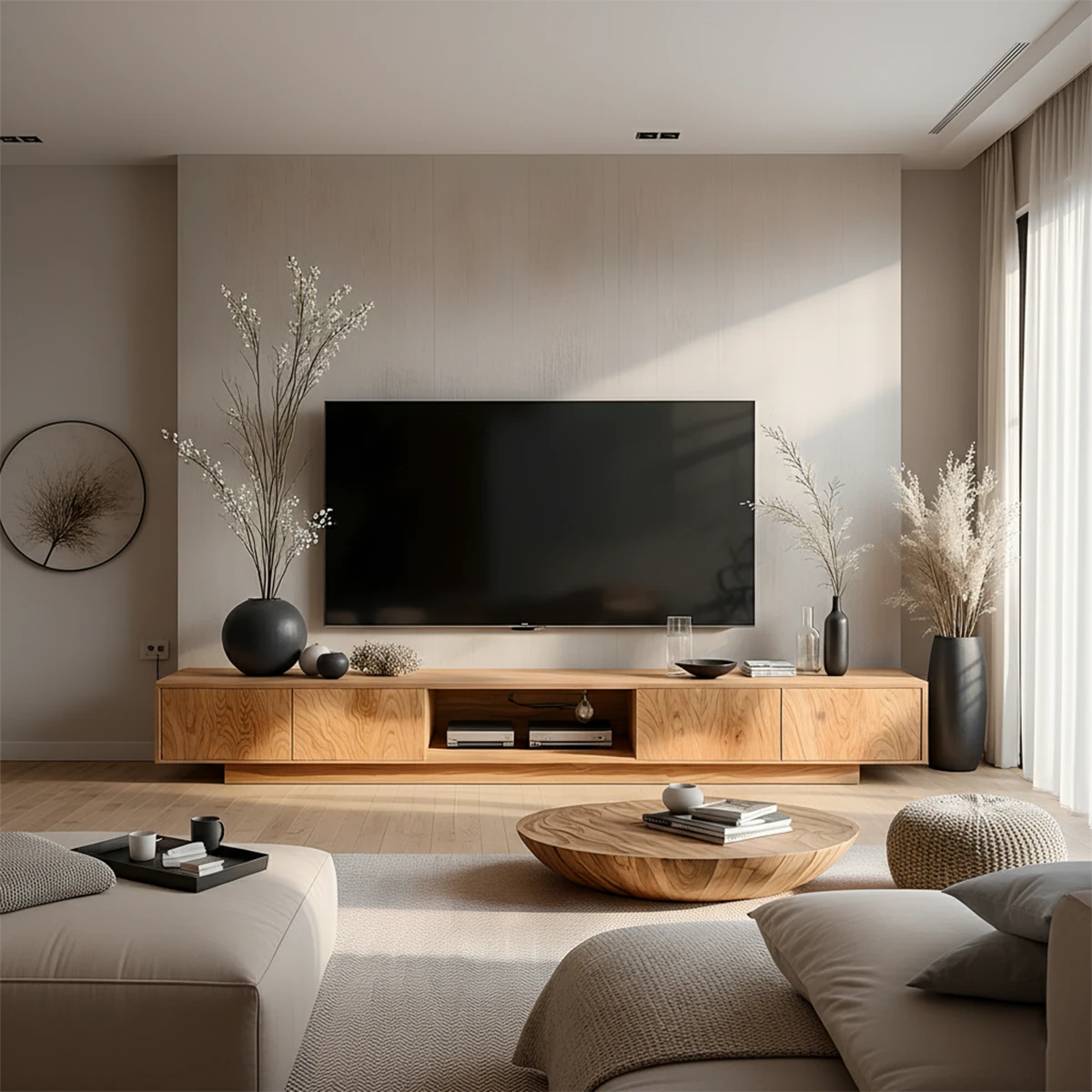 Minimalist Solid Wood Japandi TV Stand with Soft Grain & Open Shelf - Rustira