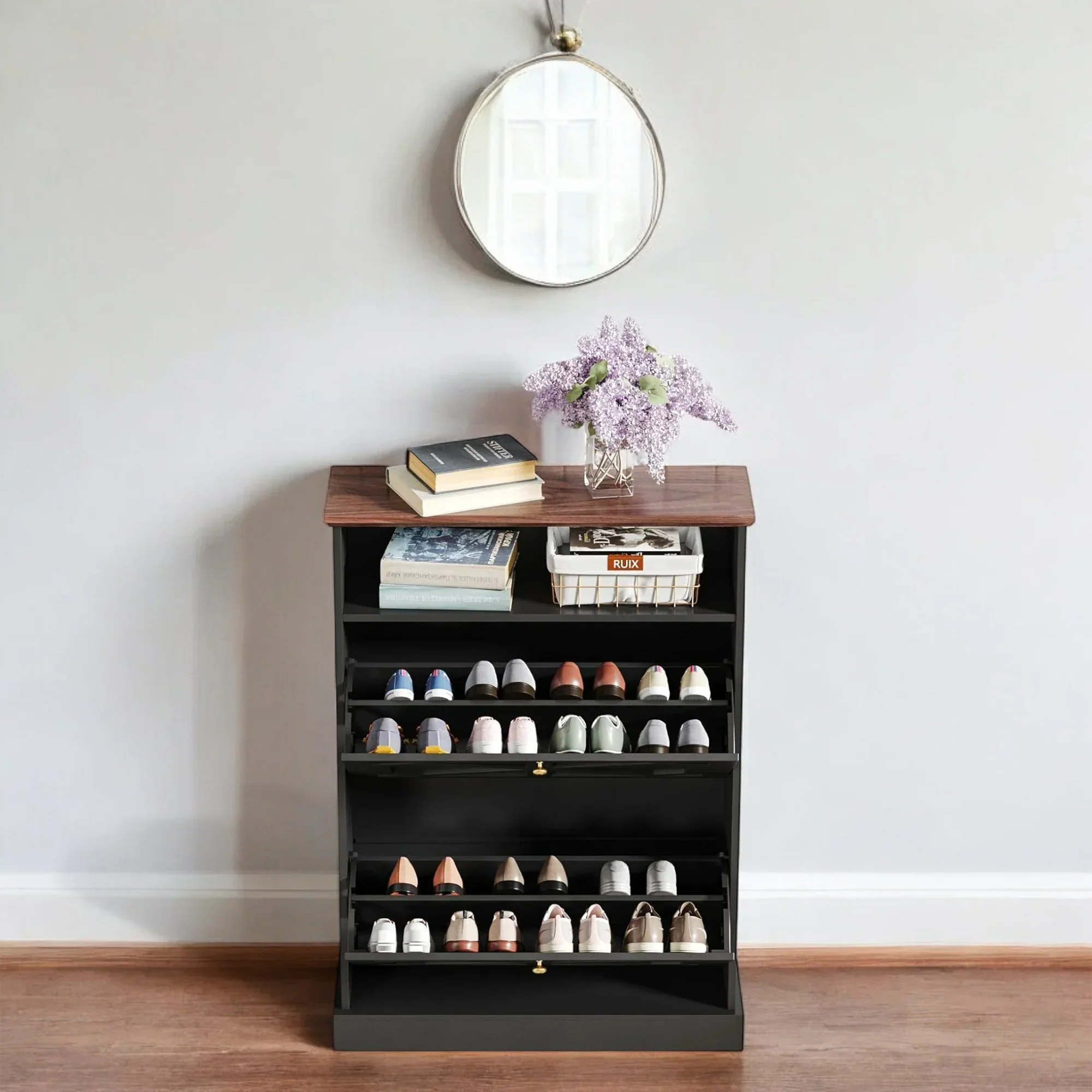 Modern Black 2-Tier Shoe Cabinet with X-Design & Top Shelf 