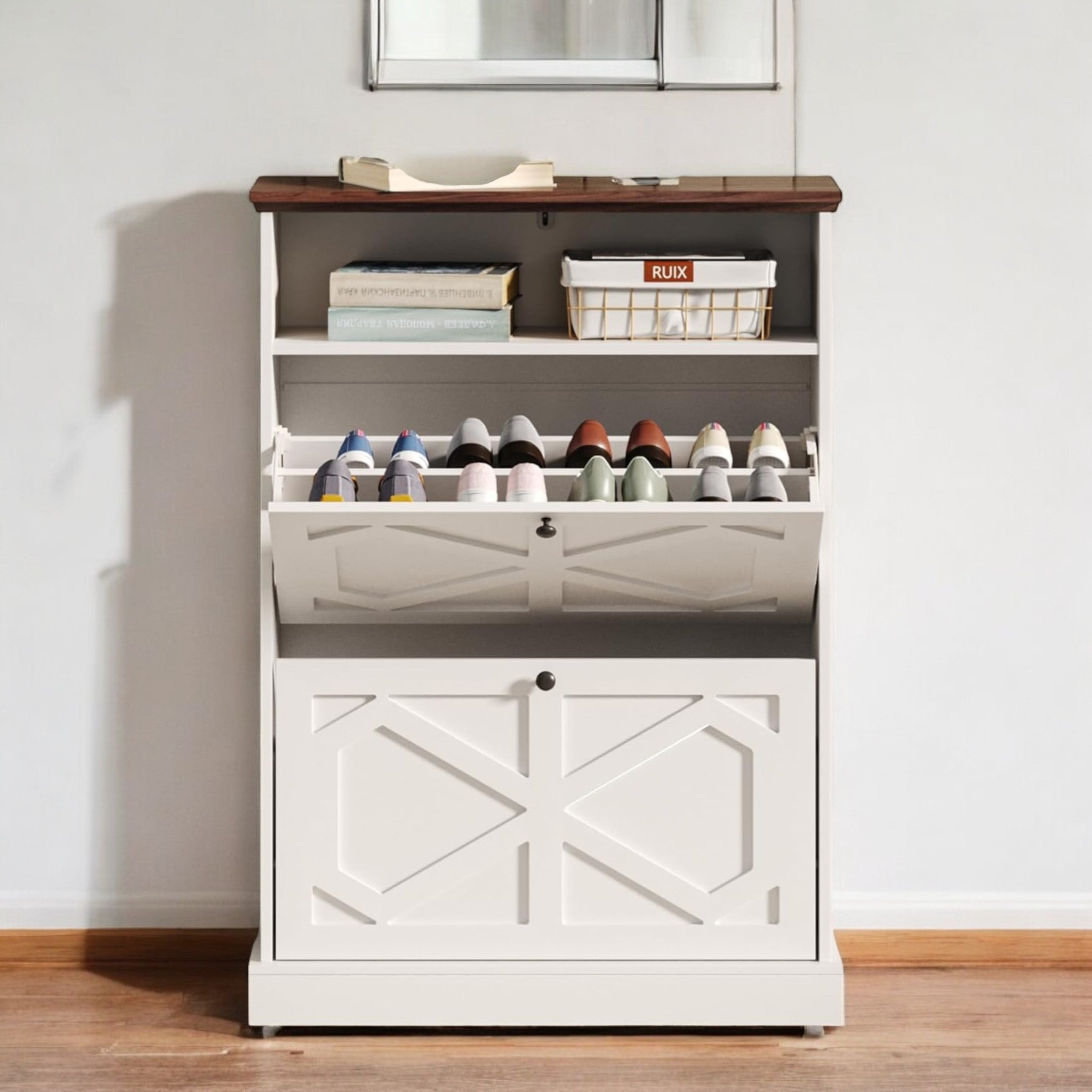 Modern Black 2-Tier Shoe Cabinet with X-Design & Top Shelf 