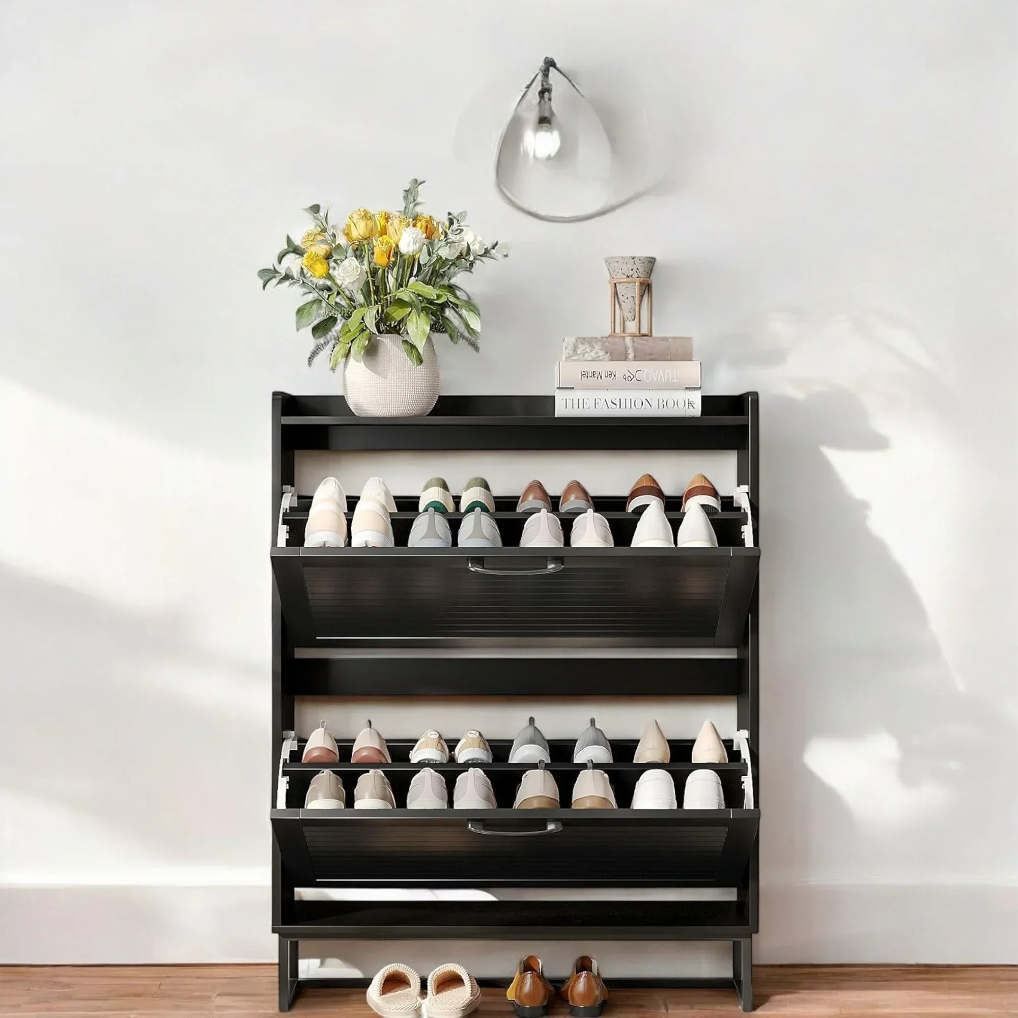 Modern Black Double Flip-Drawer Shoe Cabinet with Metal Base 