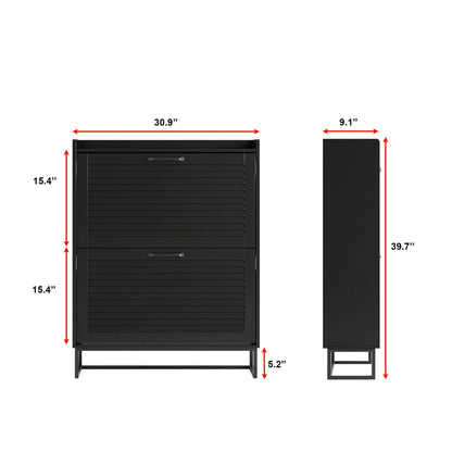 Modern Black Double Flip-Drawer Shoe Cabinet with Metal Base 