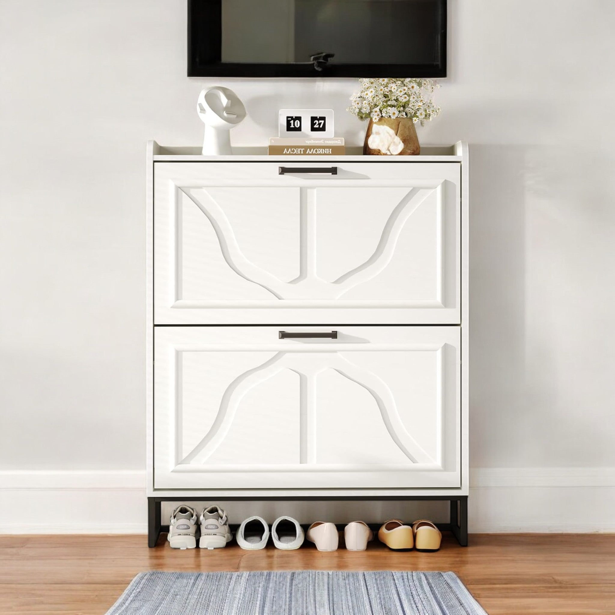 Modern Black Shoe Cabinet with 2 Flip Drawers & Open Shelf 