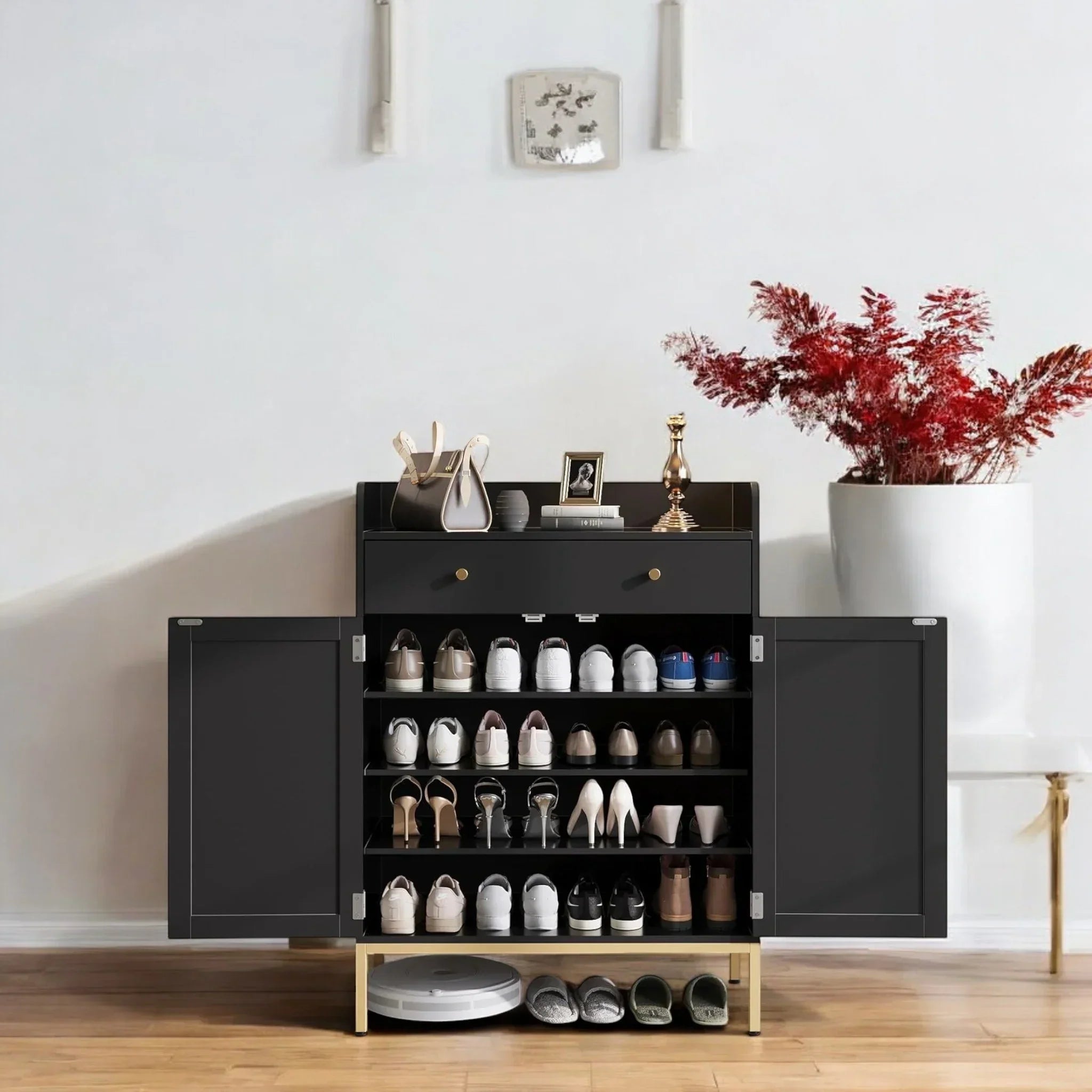 Modern Black Shoe Cabinet with Doors, Drawer & Gold Base 