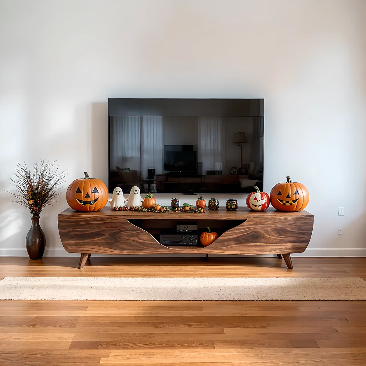 Modern Carved Walnut TV Console With Organic Flowing Doors - Rustira