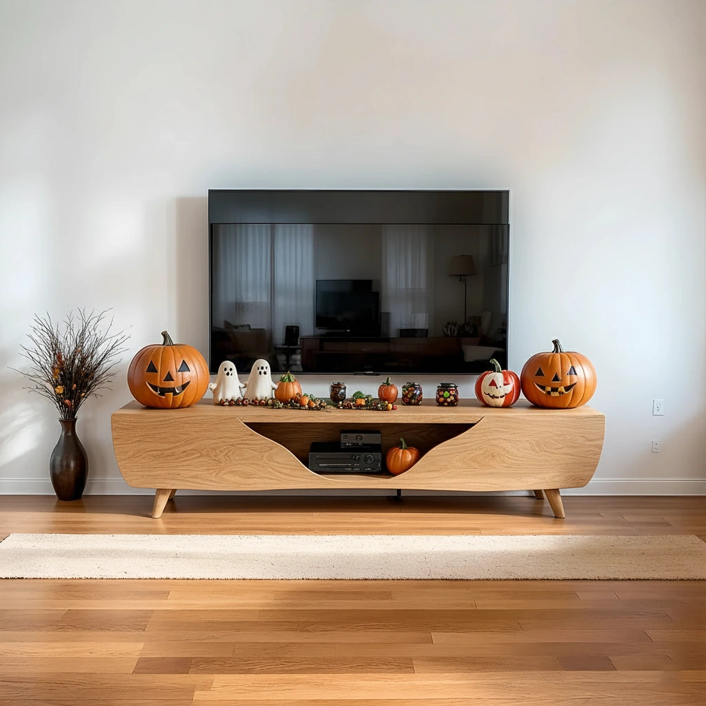 Modern Carved Walnut TV Console With Organic Flowing Doors - Rustira