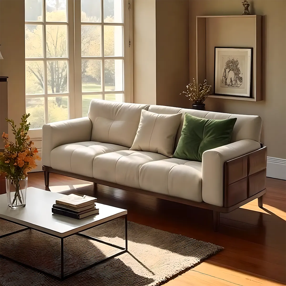 Modern Design Ash Leather Sofa – High Quality Natural Ash Wood Frame 