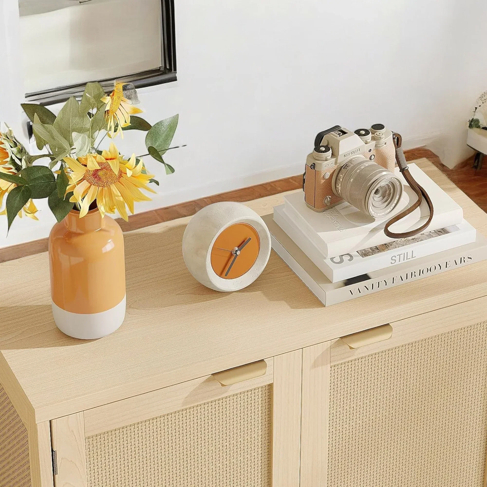 Modern Natural Rattan Shoe Cabinet with Adjustable Shelves 