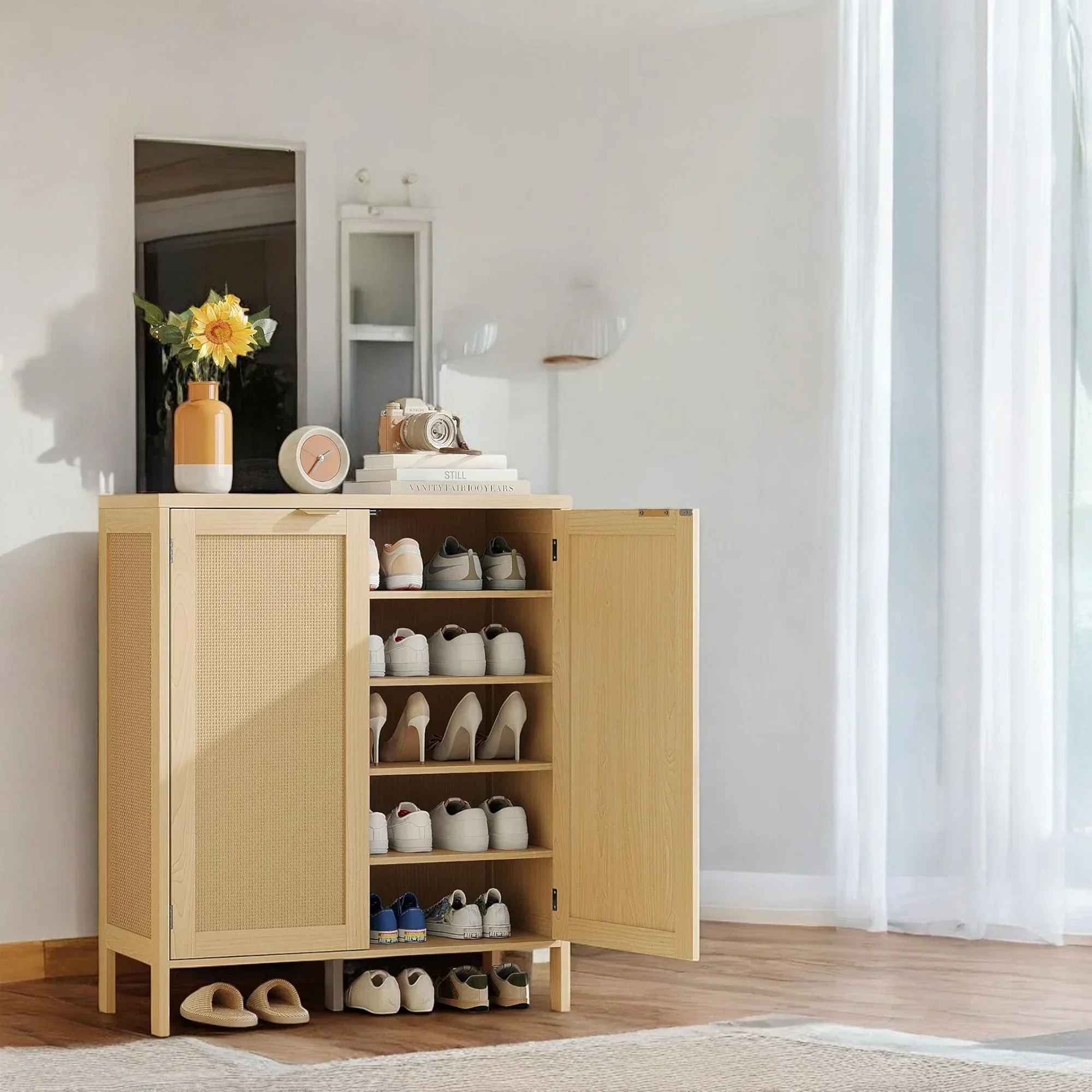 Modern Natural Rattan Shoe Cabinet with Adjustable Shelves 