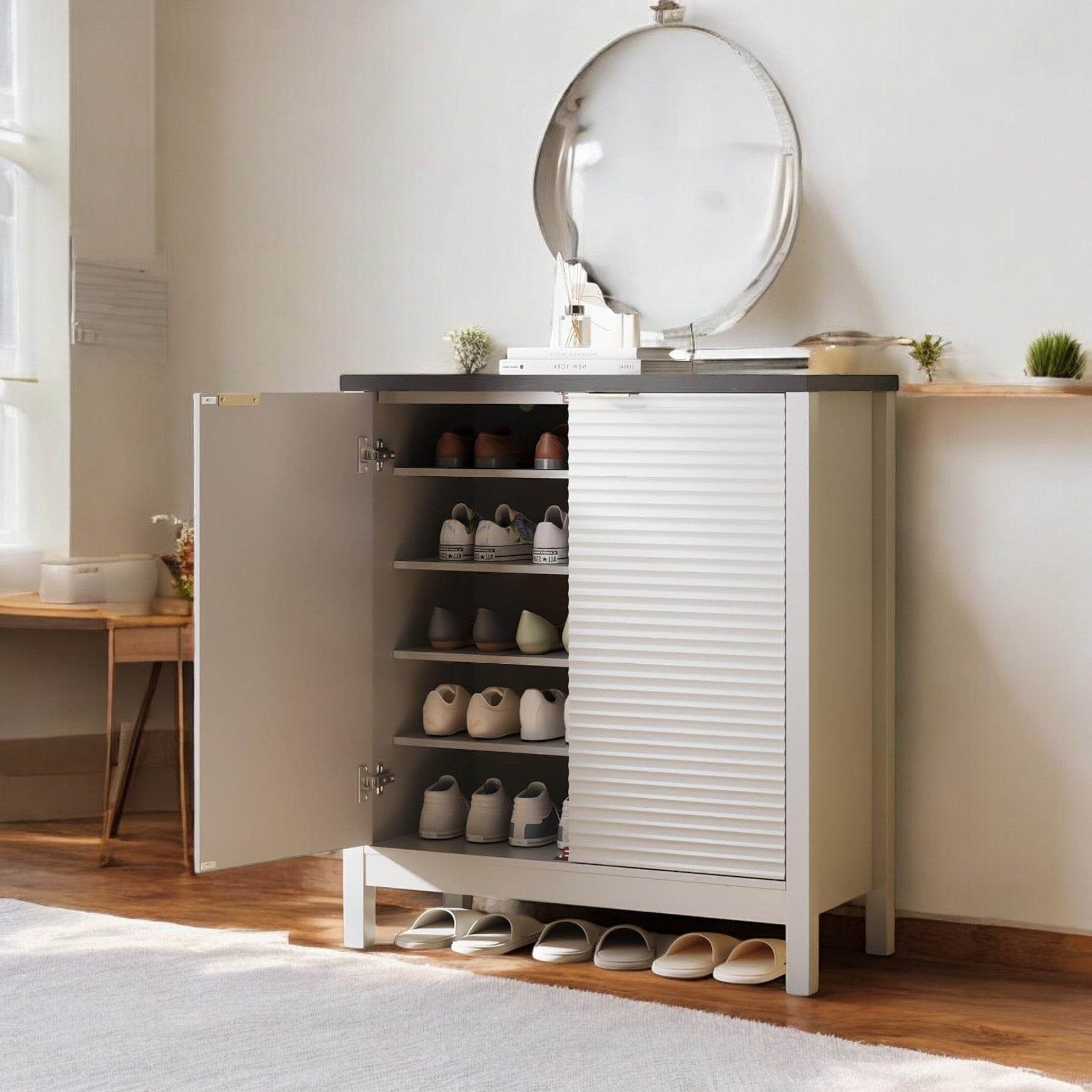 Modern Natural Wood Shoe Cabinet with Sliding Door – 6-Tier Storage 