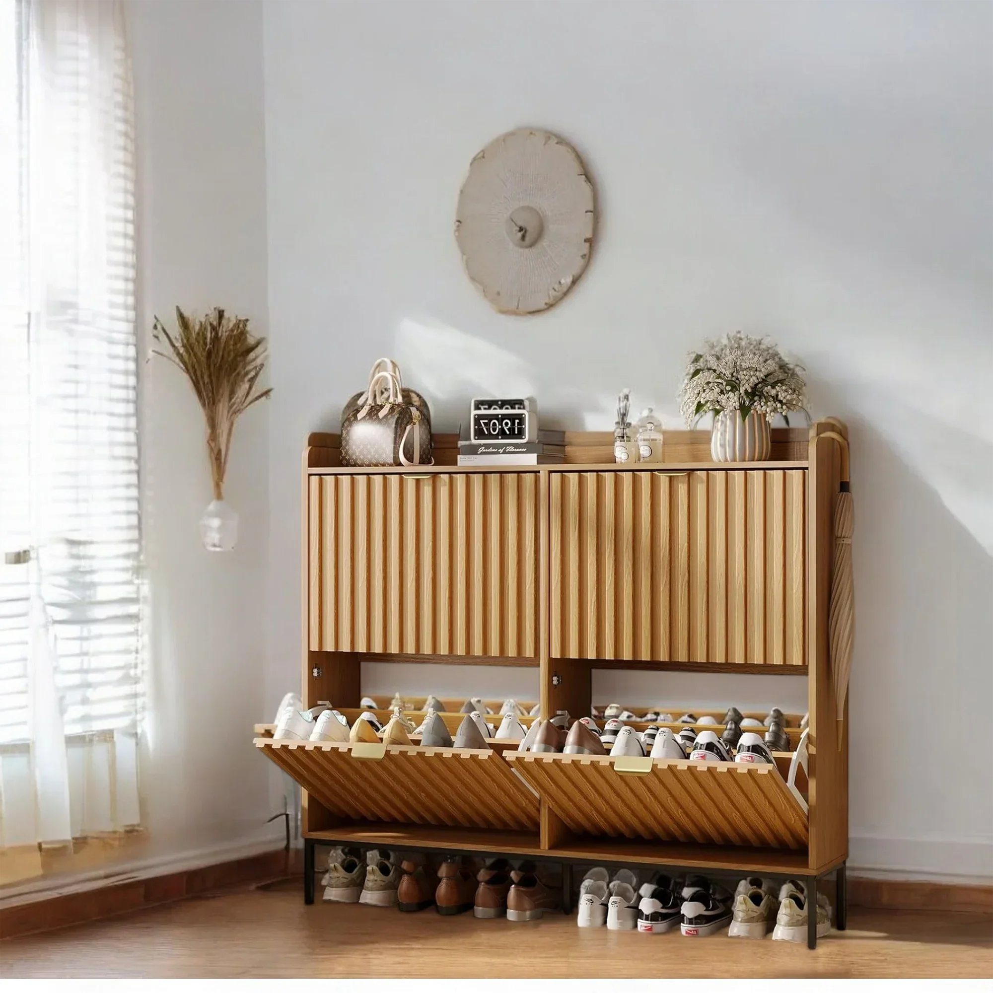 Modern Oak Shoe Cabinet with 3 Doors & Open Shelf 