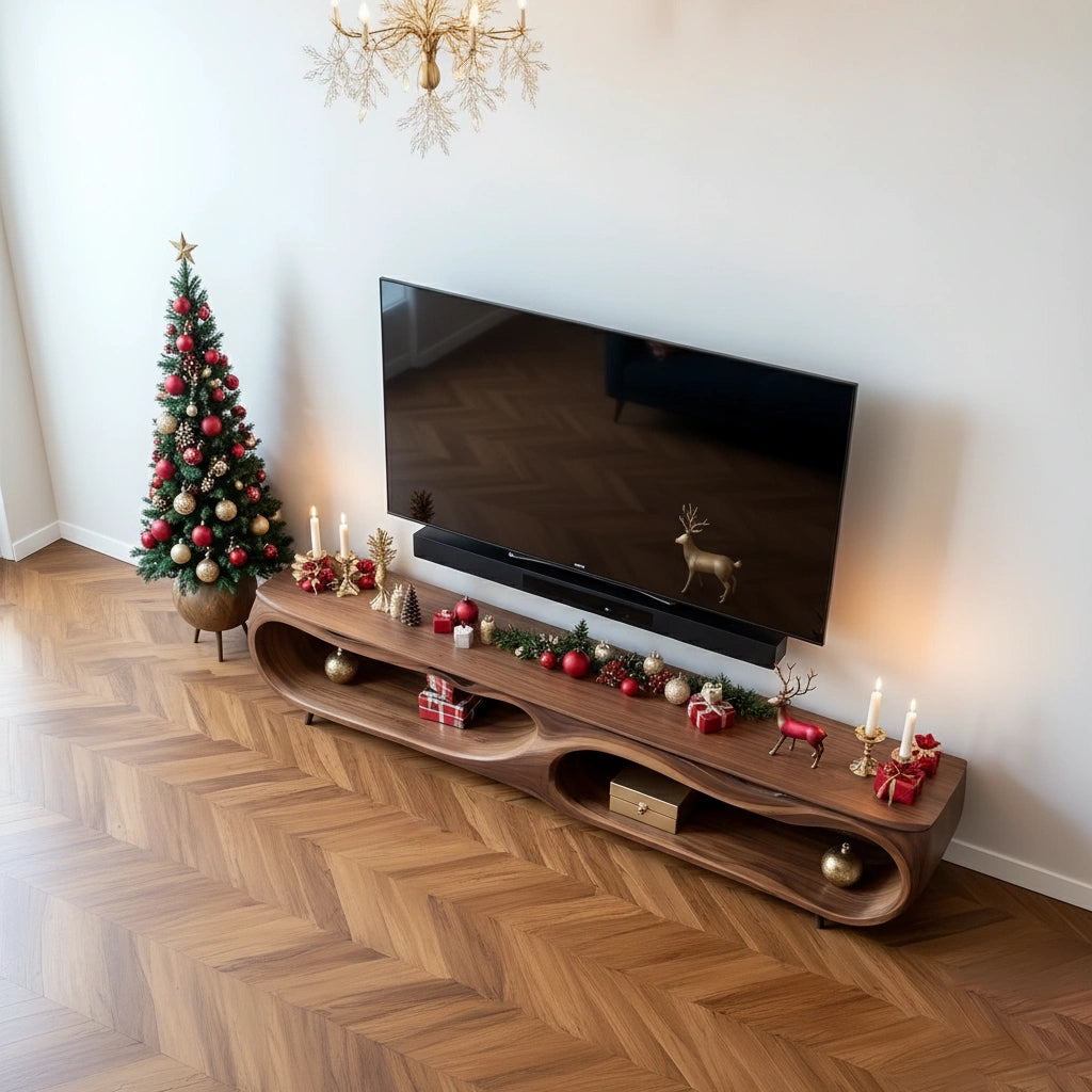 Modern Organic Solid Wood TV Stand with Sculptural Curved Design - Rustira