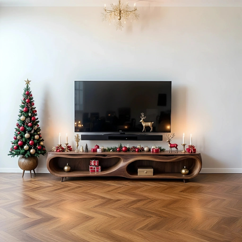 Modern Organic Solid Wood TV Stand with Sculptural Curved Design - Rustira