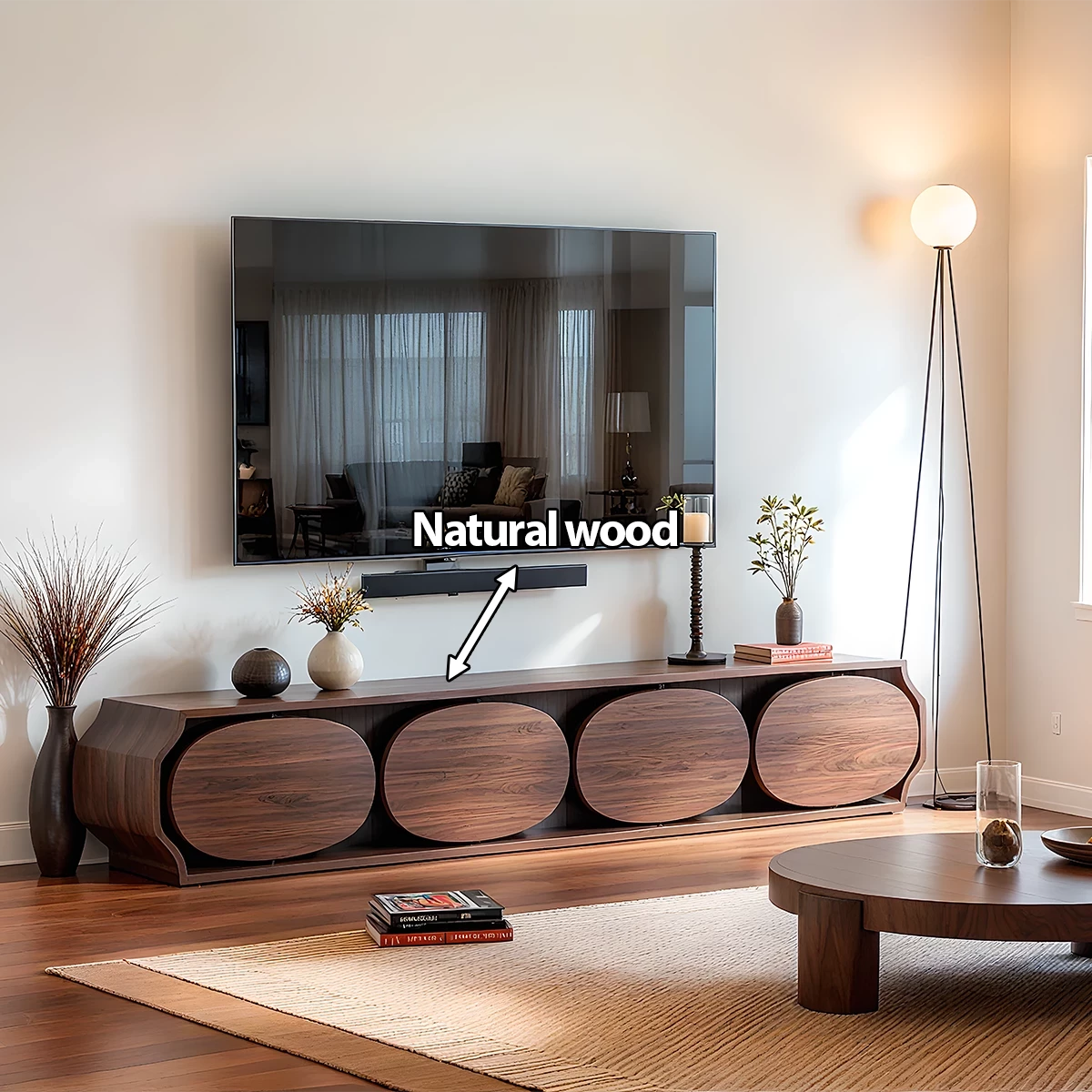 Modern Round-Panel Walnut TV Console With Sculpted Curves - Rustira