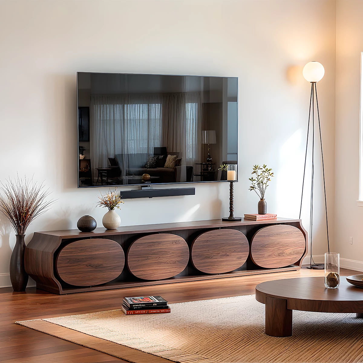 Modern Round-Panel Walnut TV Console With Sculpted Curves - Rustira