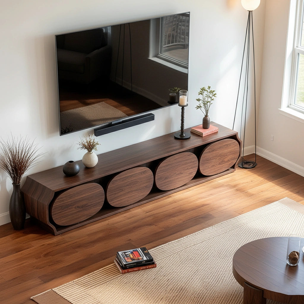 Modern Round-Panel Walnut TV Console With Sculpted Curves - Rustira