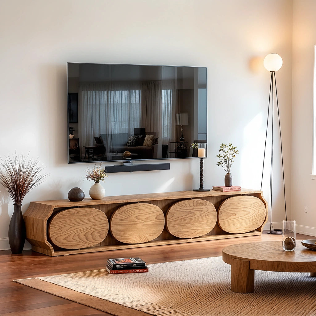 Modern Round-Panel Walnut TV Console With Sculpted Curves - Rustira