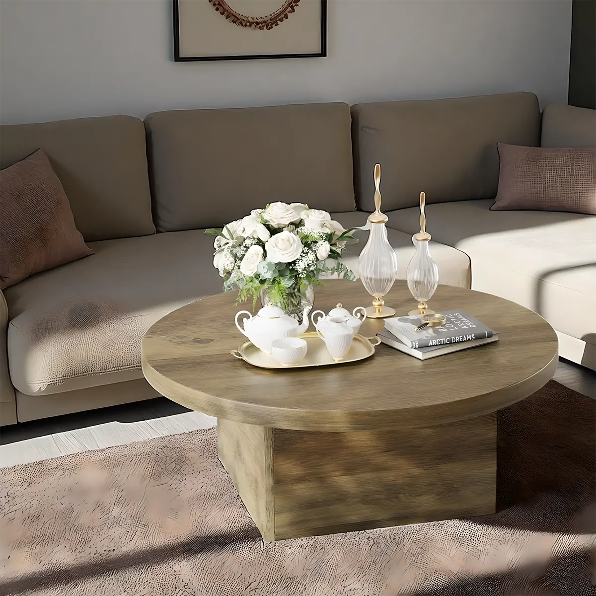 Modern Round Wooden Coffee Table – Nordic Design, Sturdy Box Legs 