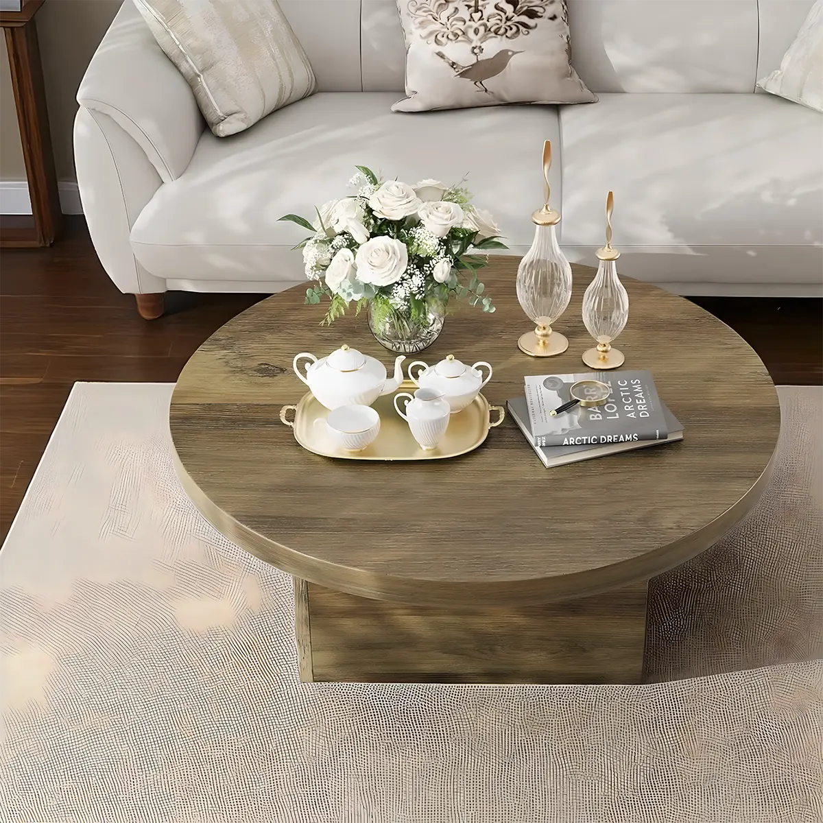 Modern Round Wooden Coffee Table – Nordic Design, Sturdy Box Legs 
