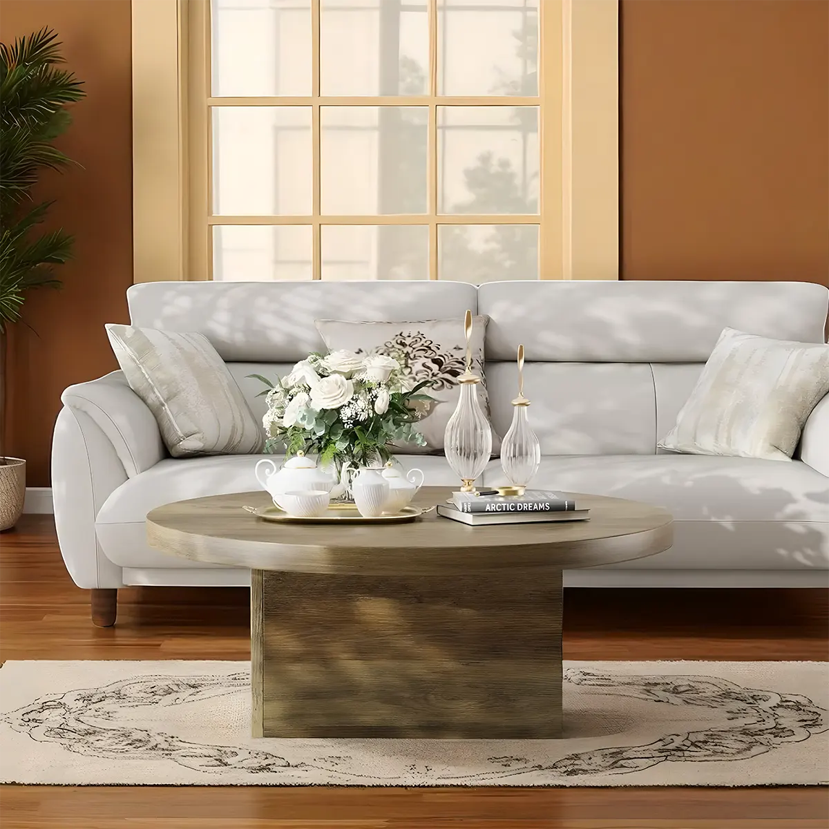 Modern Round Wooden Coffee Table – Nordic Design, Sturdy Box Legs 