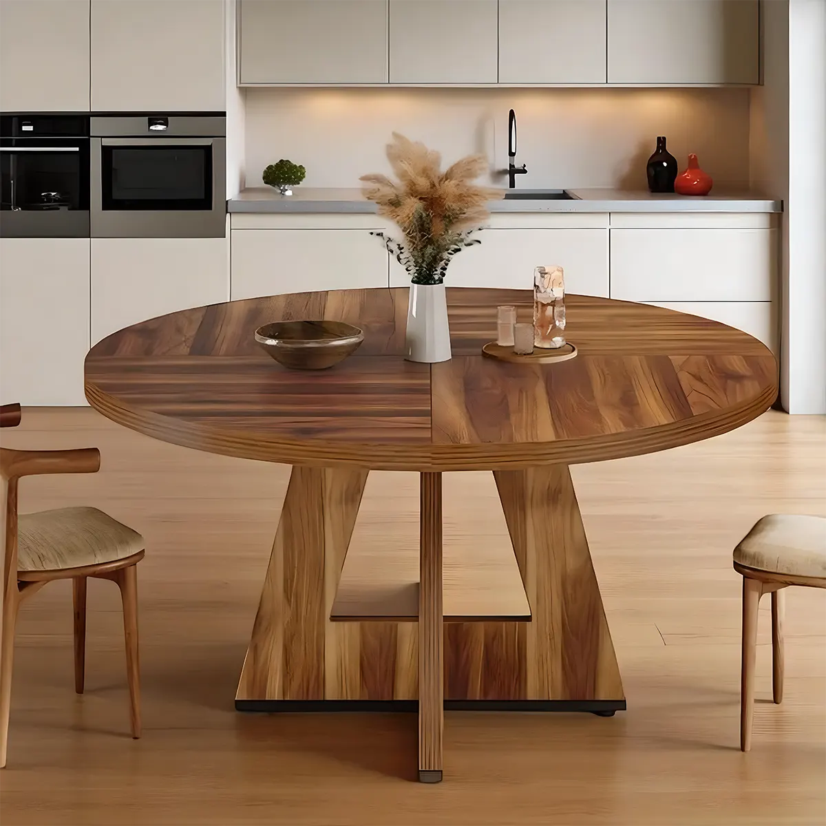 Modern Round Wooden Dining Table – Elegant T-Shaped Pedestal Base for Stylish Dining Spaces 