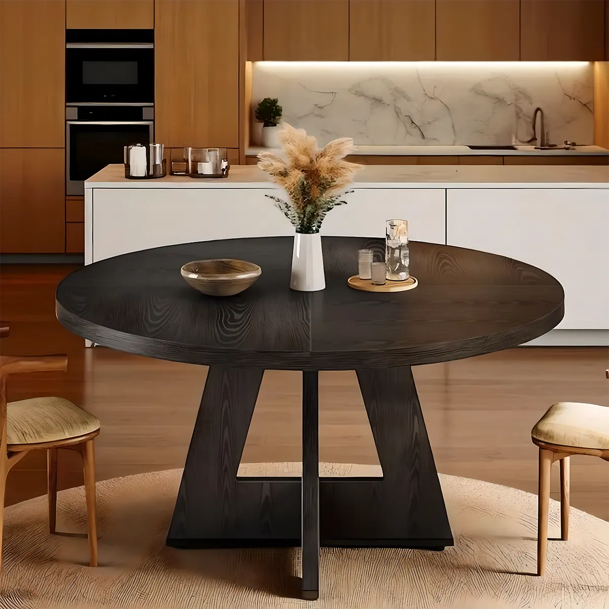 Modern Round Wooden Dining Table – Elegant T-Shaped Pedestal Base for Stylish Dining Spaces 
