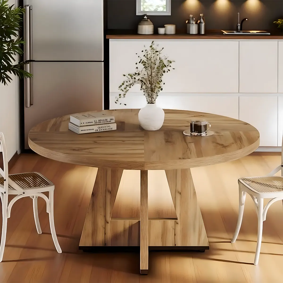 Modern Round Wooden Dining Table – Elegant T-Shaped Pedestal Base for Stylish Dining Spaces 