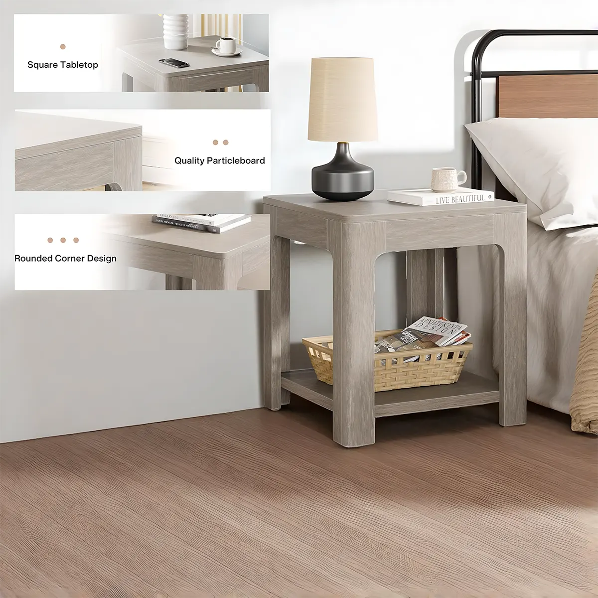 Modern Simple Corner Table, Light Gray Wood Decorative Shelf 