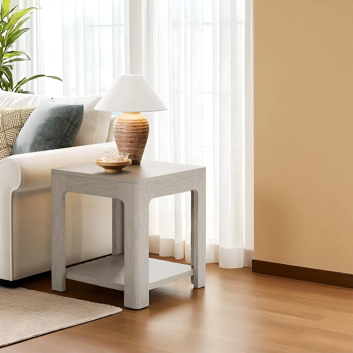 Modern Simple Corner Table, Light Gray Wood Decorative Shelf 