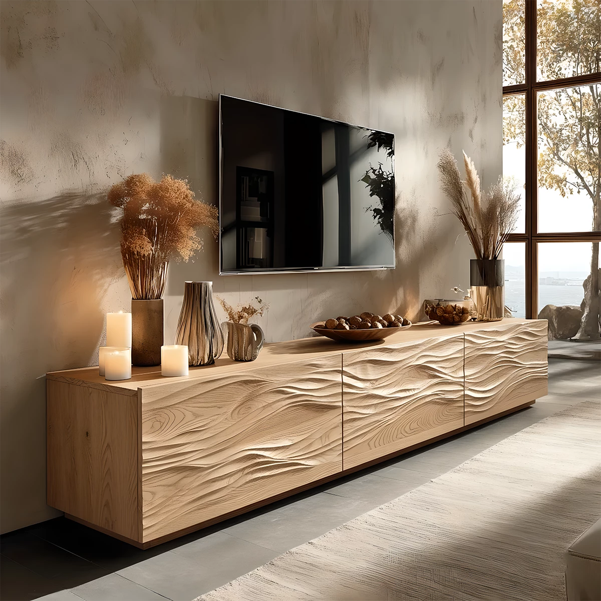 Modern Wavy Solid Wood TV Stand – Sculpted Minimalist Media Console - Rustira