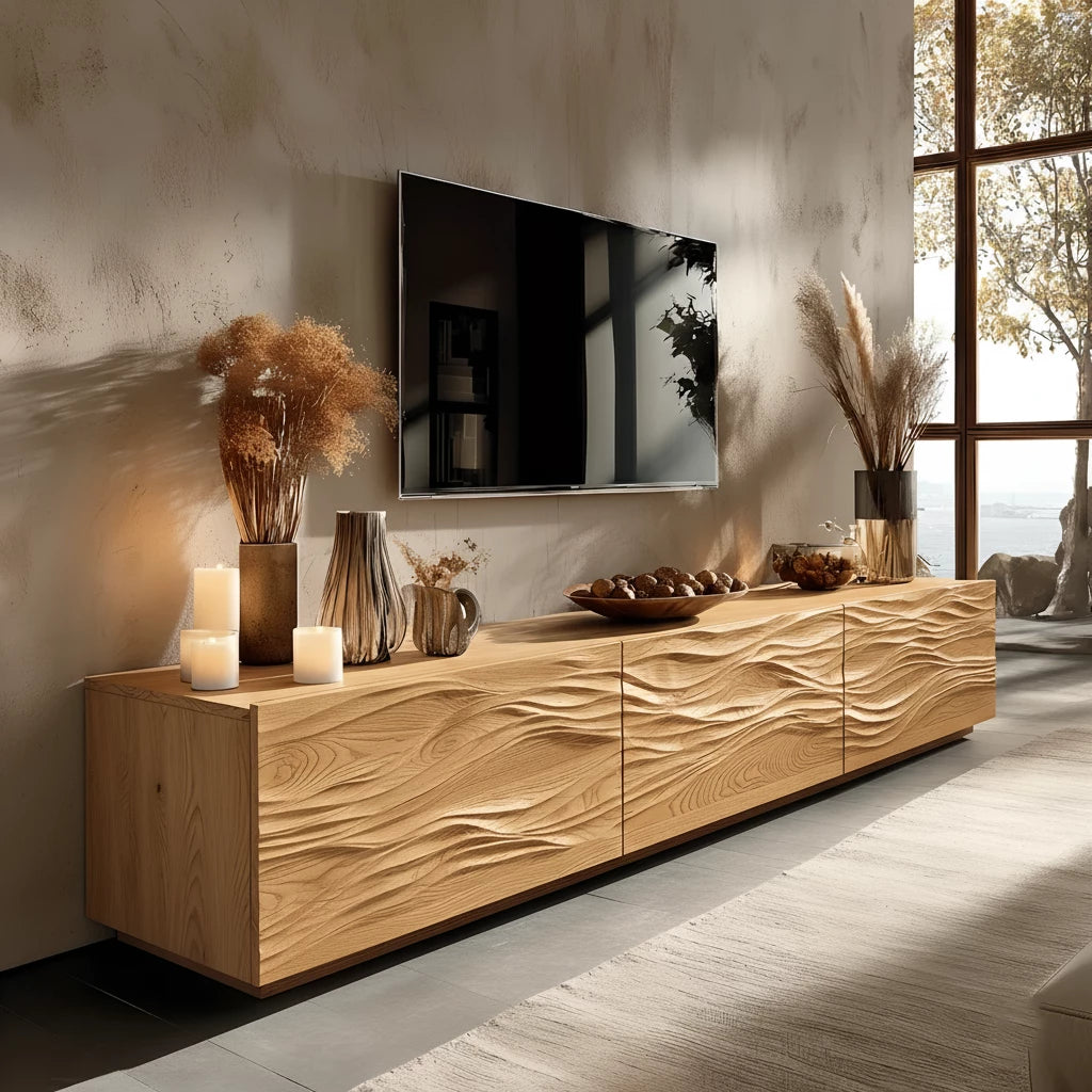 Modern Wavy Solid Wood TV Stand – Sculpted Minimalist Media Console - Rustira