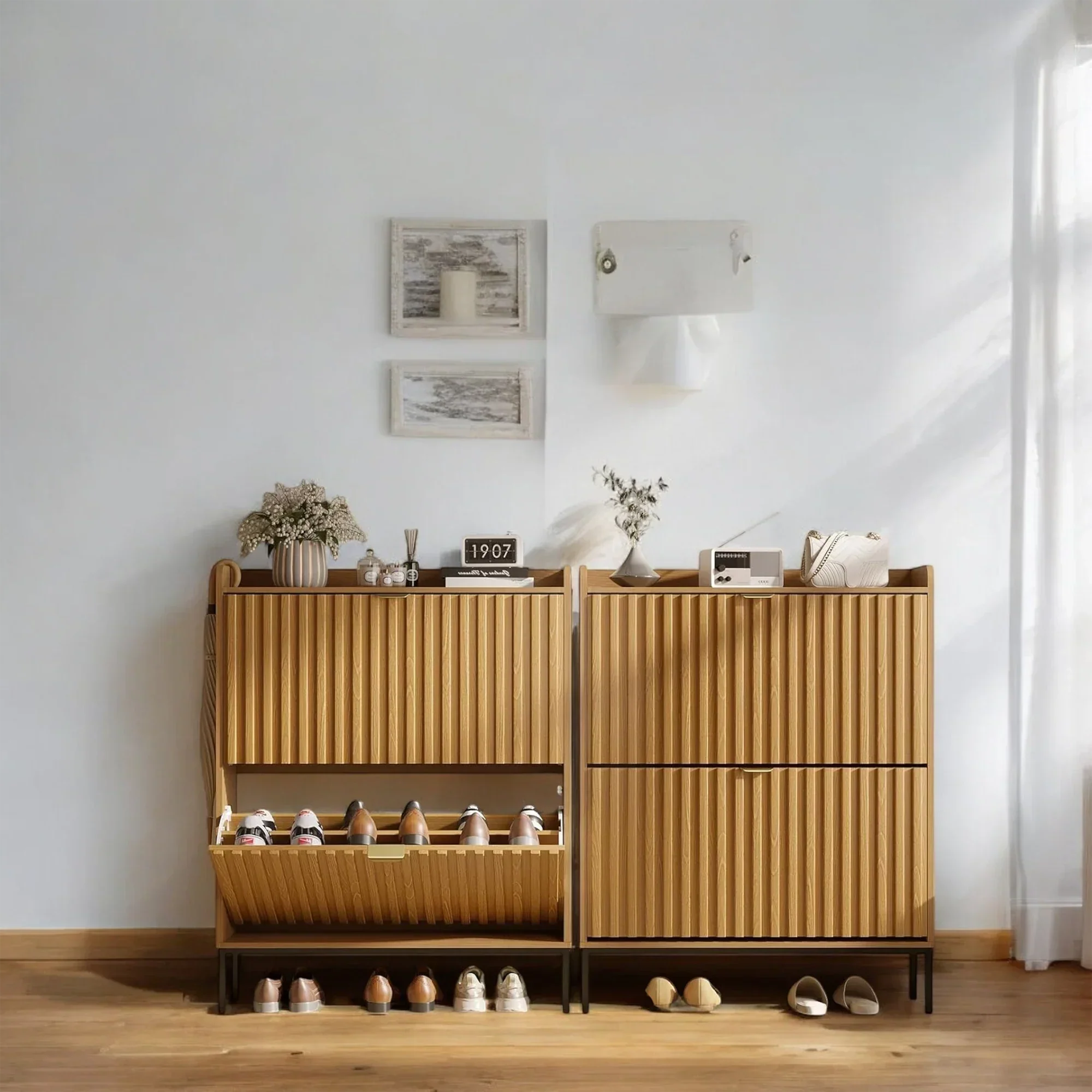 Modern Wood Grain Shoe Cabinet with Flip Drawers & Open Shelf 