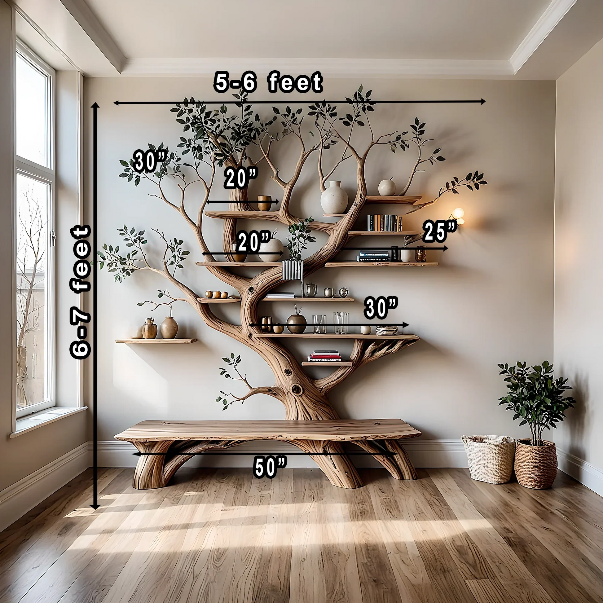 Modern bookshelf, handmade tree shaped bookshelf made of solid natural wood 