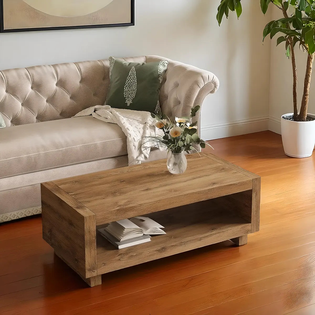 Modern natural wood tea table – 1 shelf, size 120×60×45cm. Sophisticated Nordic style 