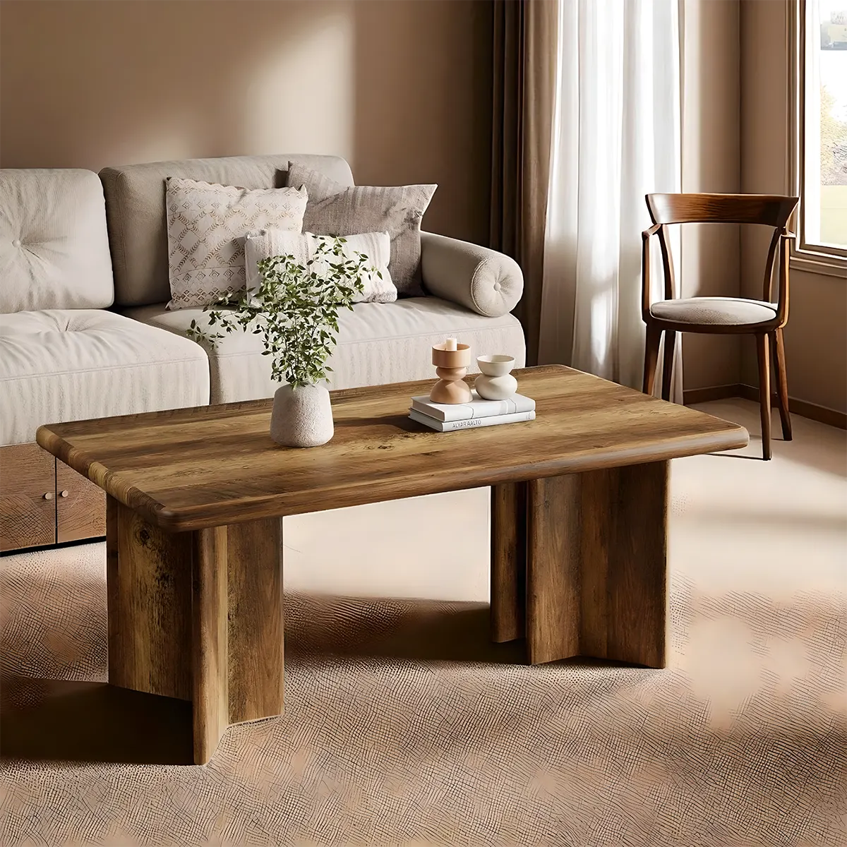 Modern natural wood tea table, Unique column leg design 