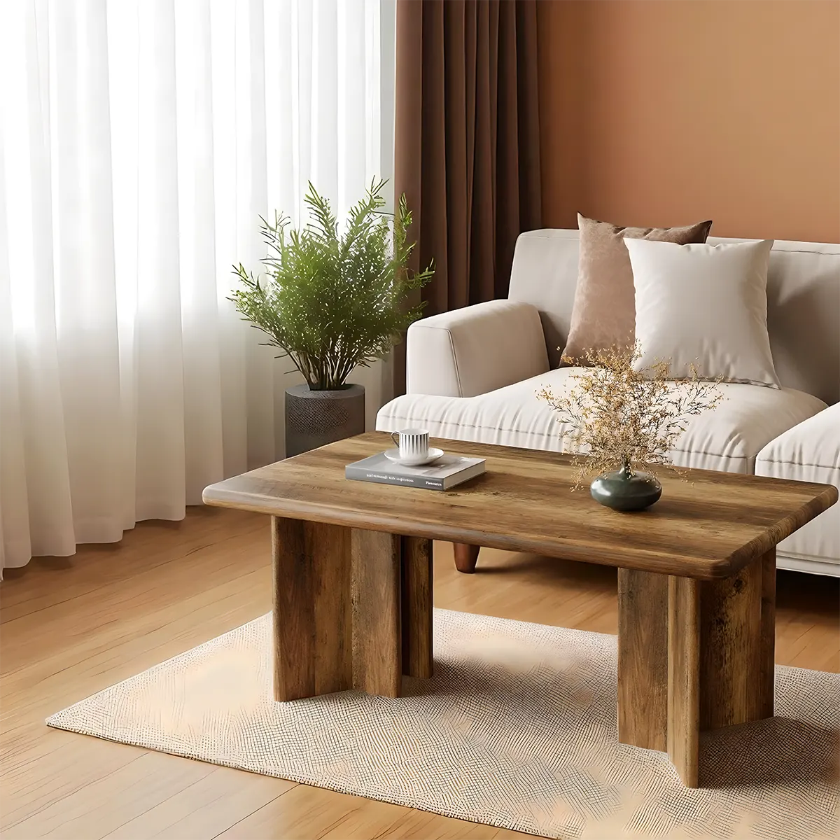 Modern natural wood tea table, Unique column leg design 