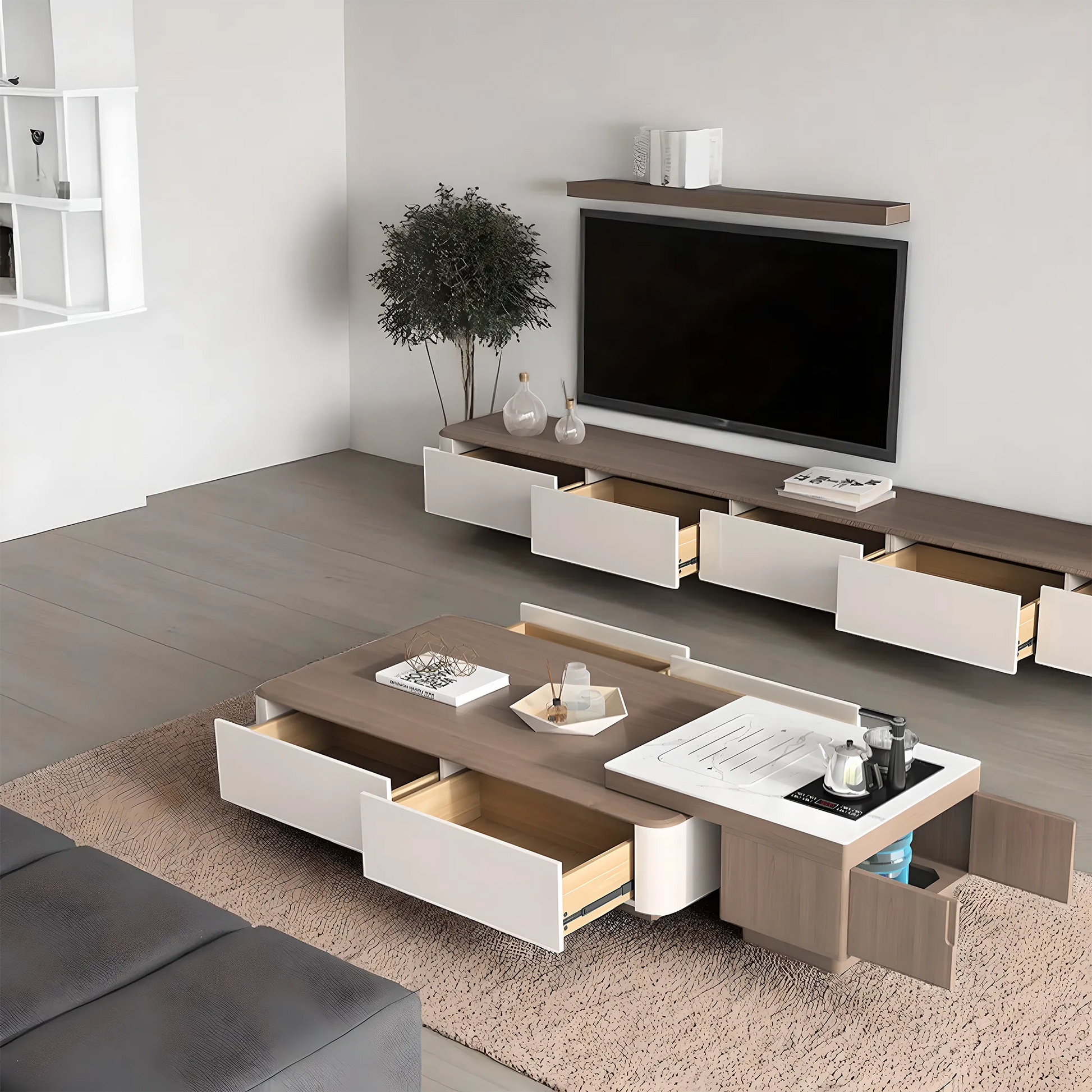 Modern wooden tea table and TV shelf with convenient drawers 