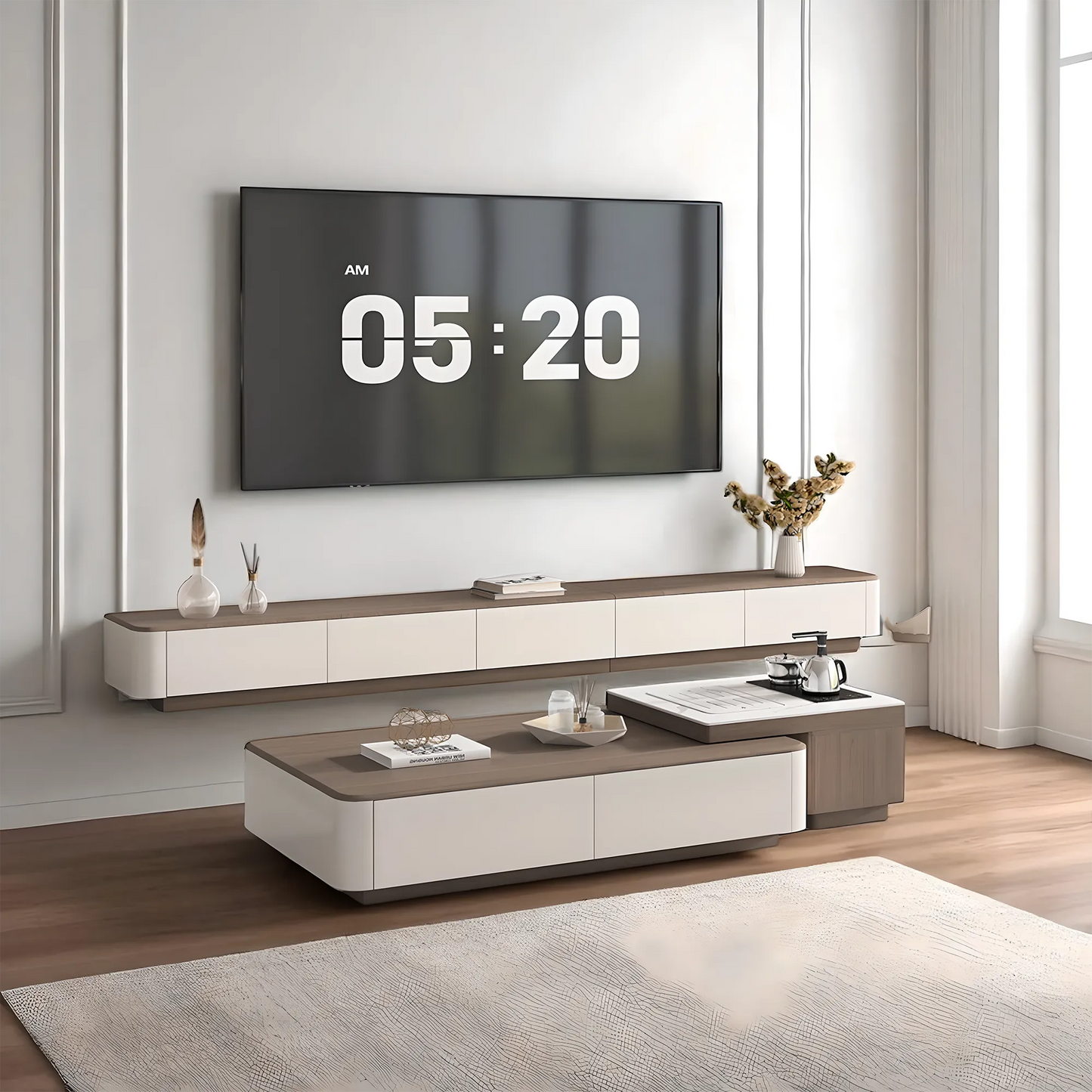 Modern wooden tea table and TV shelf with convenient drawers 