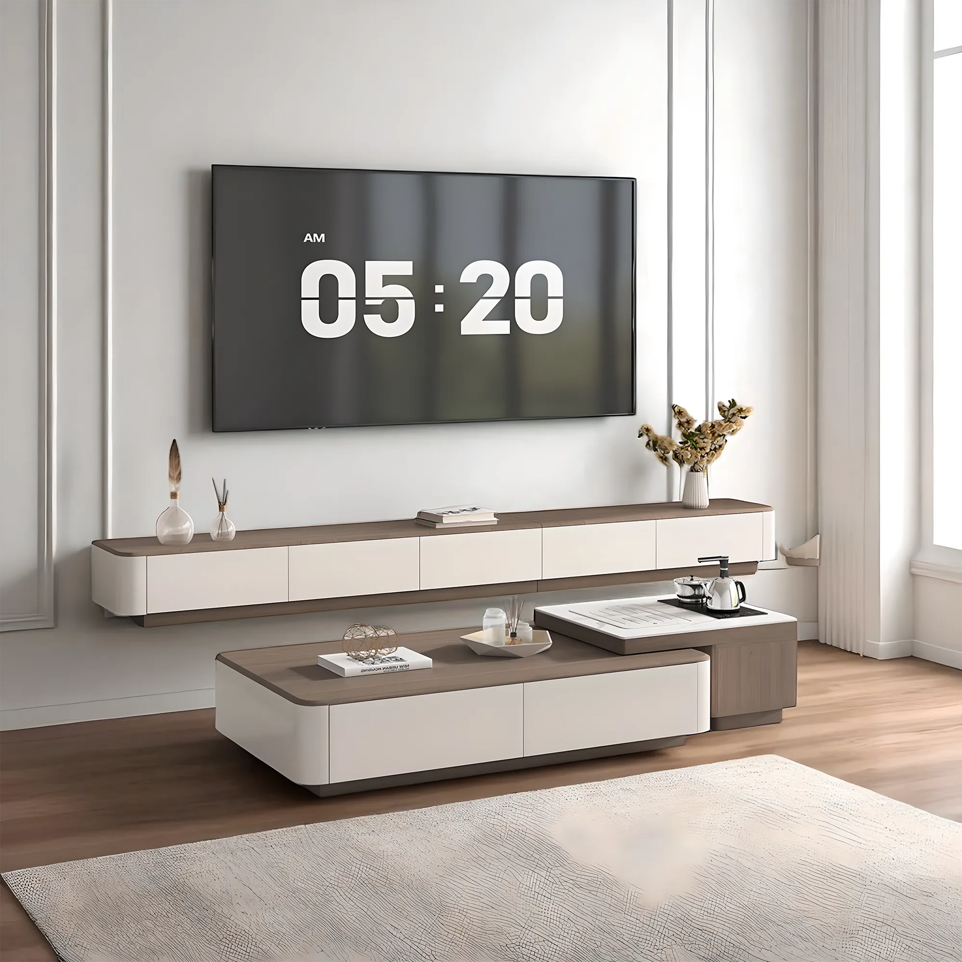Modern wooden tea table and TV shelf with convenient drawers 