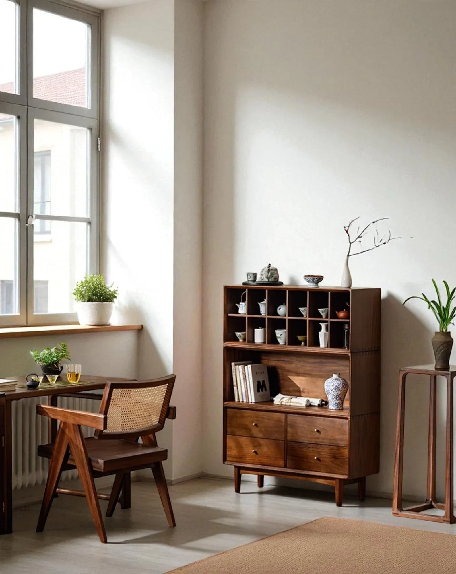 Multi-Compartment Wooden Tea Cabinet – Solid Wood Storage - Rustira