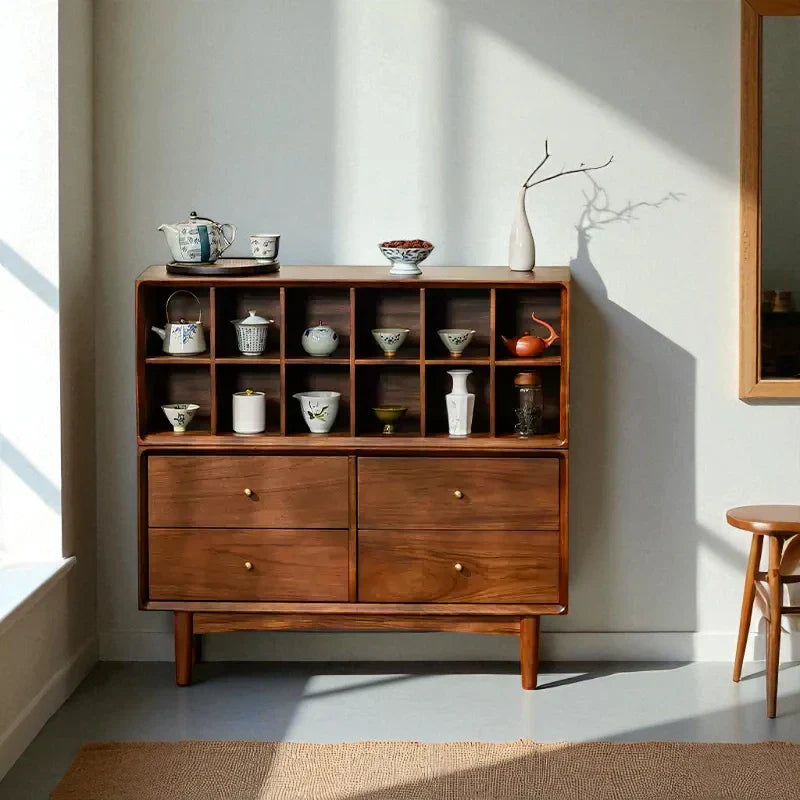 Multi-Compartment Wooden Tea Cabinet – Solid Wood Storage - Rustira