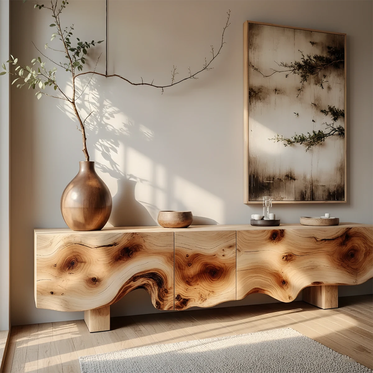 Natural Burl Flow Solid Wood TV Console – Wabi Sabi Organic Design - Rustira