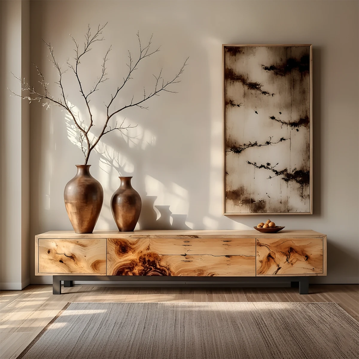 Natural Burl Grain Solid Wood TV Stand – Japandi Art Console - Rustira