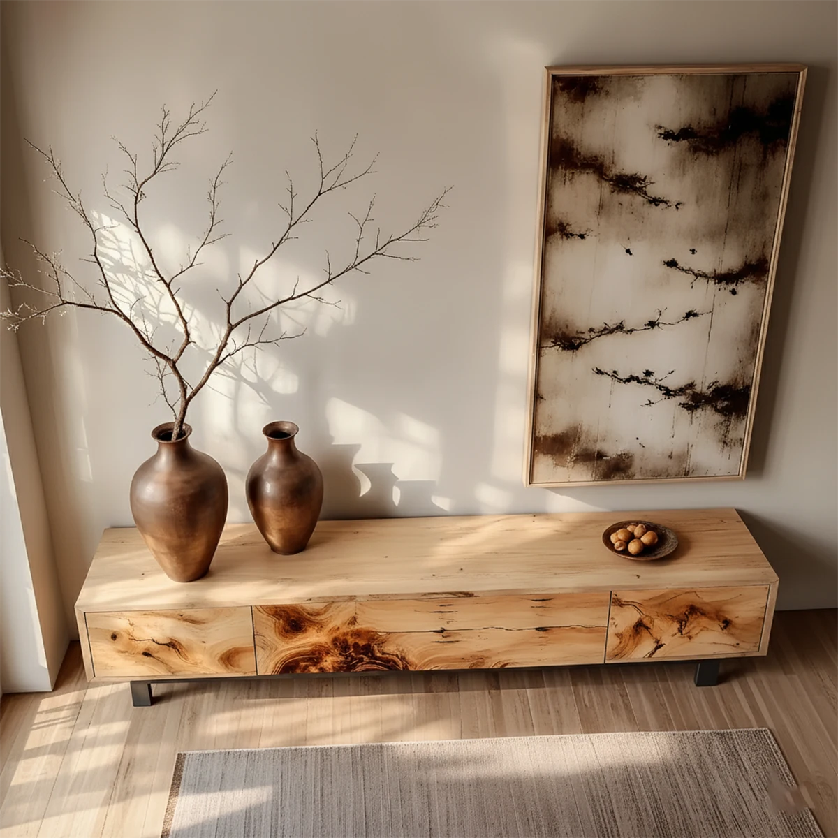 Natural Burl Grain Solid Wood TV Stand – Japandi Art Console - Rustira